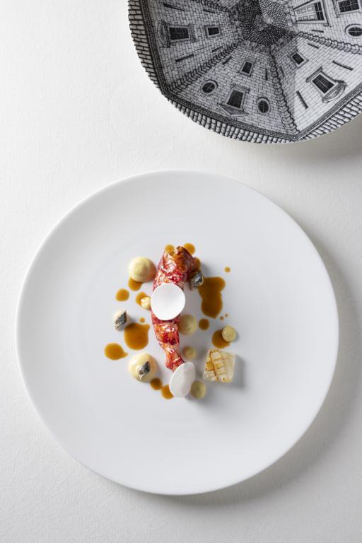 Roasted Blue Lobster with Bagna Cauda, Cuttlefish, Vanilla Bisque, and Mushrooms